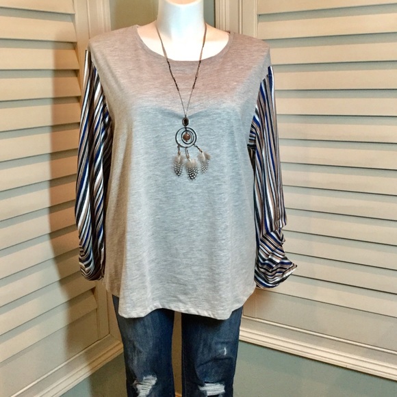 Umgee Solid Knit Top w/ Striped Sleeves, Plus - Picture 2 of 8